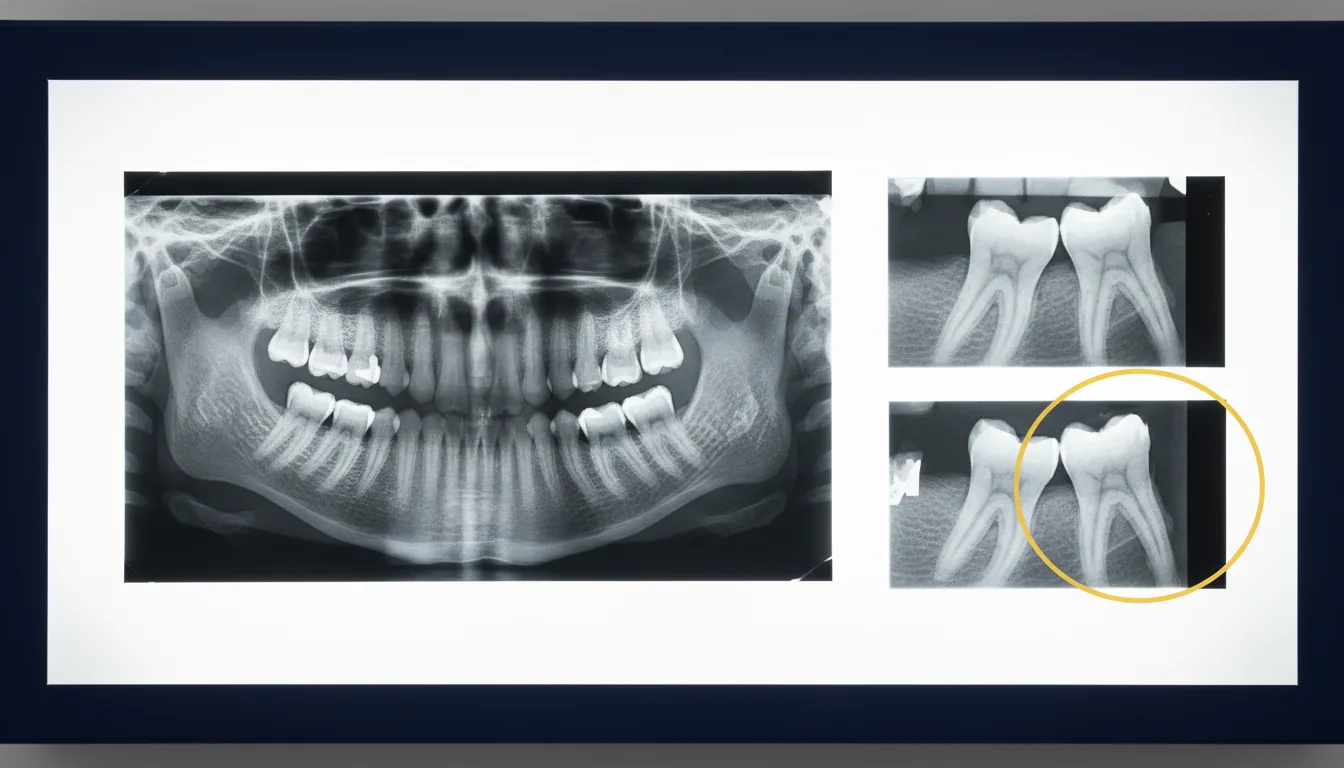 Radiografia panoramica y dos periapicales con un area de perdida osea destacada