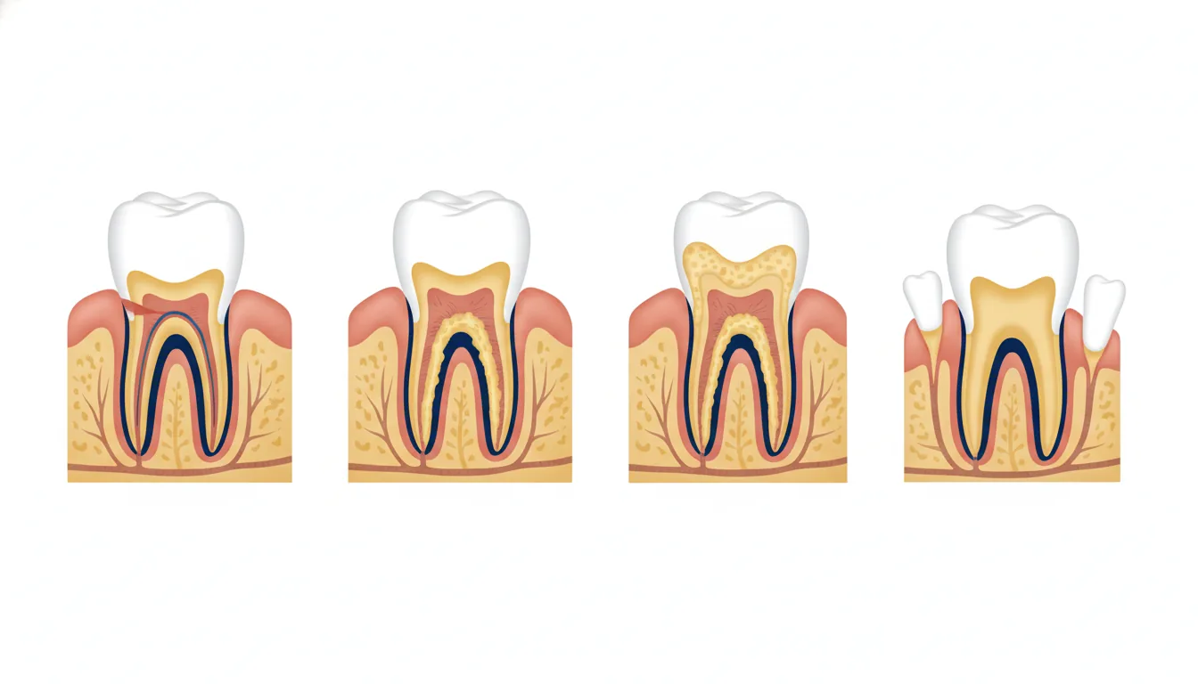 Cuatro cortes de diente mostrando estadios I a IV de periodontitis con perdida osea progresiva