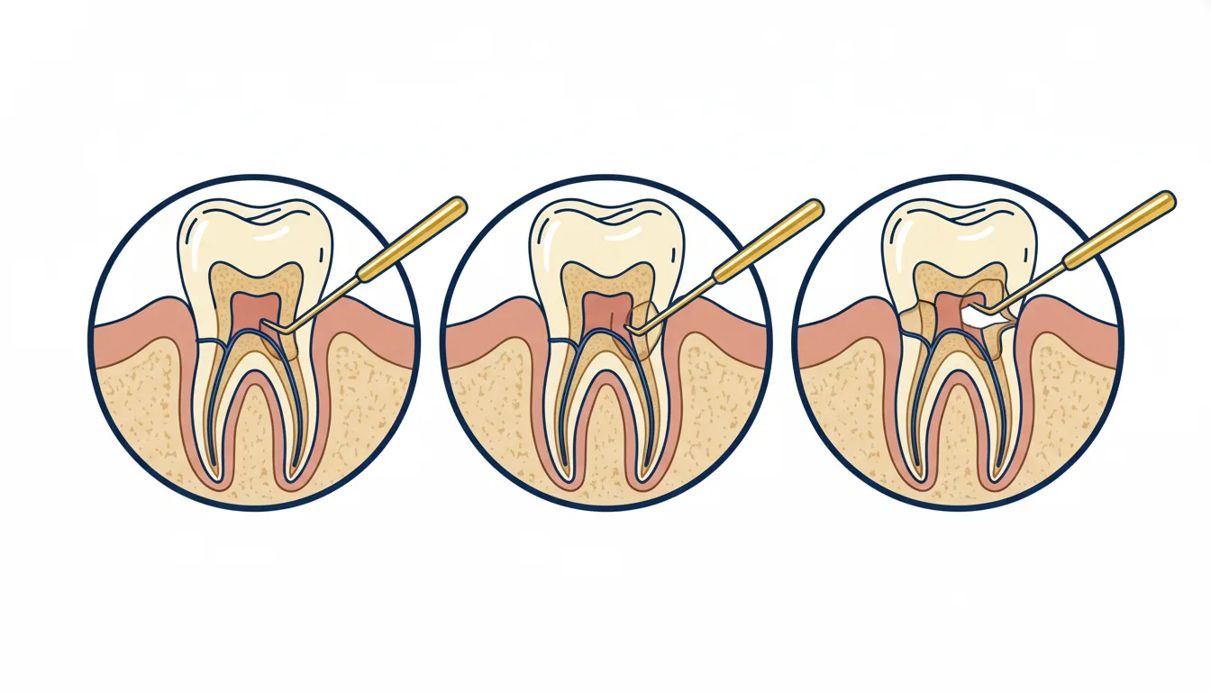 Tres cortes de molar con sonda en furca progresiva mostrando grados Hamp