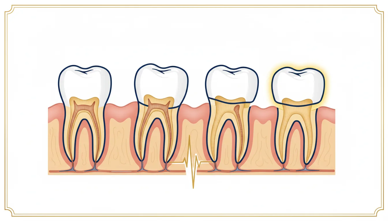 Cuatro dientes con inclinacion progresiva representando grados de movilidad Miller 0 a 3