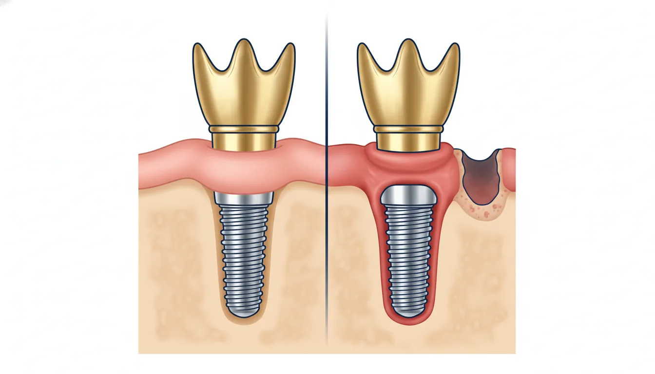 Implante sano comparado con implante con peri-implantitis y perdida osea